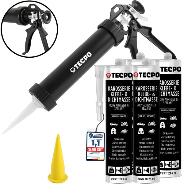 4x TECPO KKD 801 Karosserie Klebe- und Dichtmasse, 370g + Alu-Kartuschenpresse