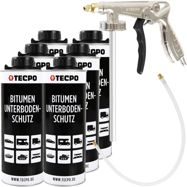 TECPO Unterbodenschutz Bitumen schwarz, 6L + Druckluft Unterbodenschutz Pistole