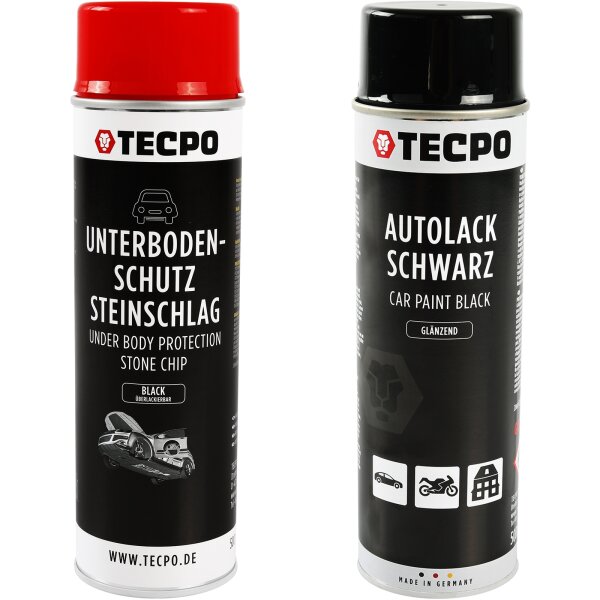 TECPO Unterbodenschutz Bitumen schwarz, 500 ml + Autolack schwarz glänzend, 500 ml