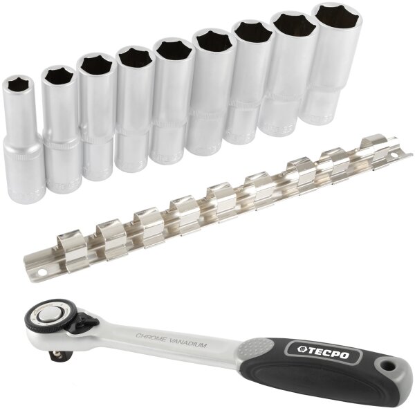 TECPO Steckschlüssel Satz, tief, 1/2 Zoll, 10-24 mm 9-tlg. + TECPO Umschaltknarre 1/2 Zoll, 512 Nm
