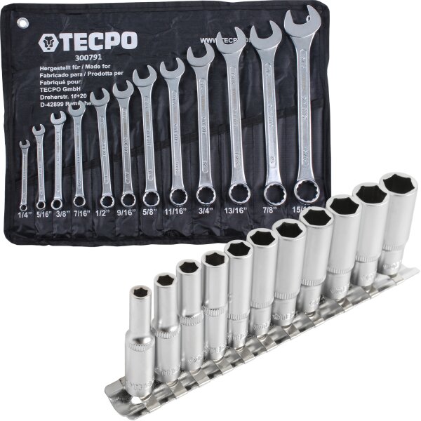 TECPO Maul-Ringschlüssel-Satz SW 1/4"- 5/16", 12-teilig + Steckschlüssel-Set Zollgrößen, 1/4, 11-teilig