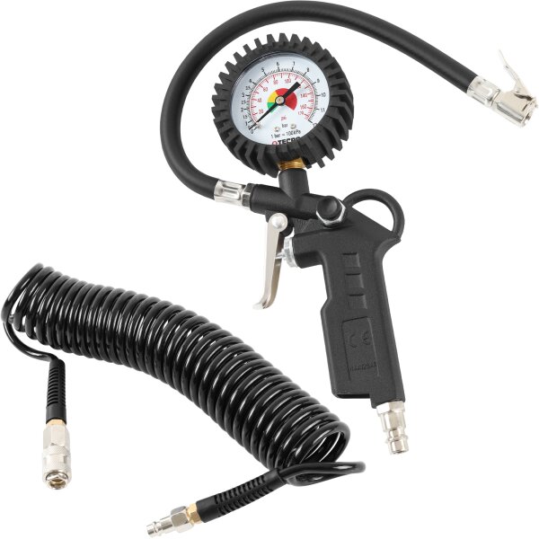 TECPO Druckluft Reifenfüllpistole 0-12 Bar + Spiralschlauch 6m