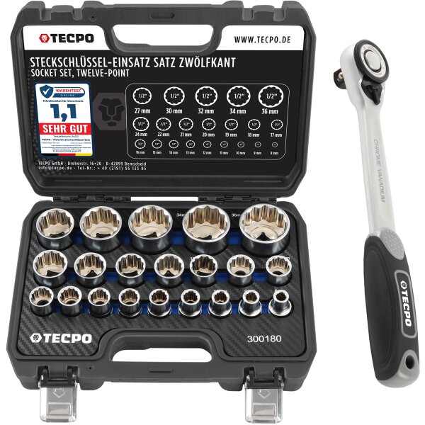 TECPO Vielzahn Steckschlüssel Satz SW 8-36 mm, 1/2 Zoll + Umschaltknarre 1/2 Zoll 72 Zähne feinverzahnt, 512 nM