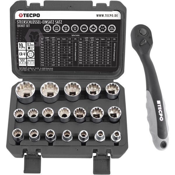 TECPO Steckschlüssel-Satz, SW 8-32 mm, E10-E24, 5/16-1-1/4", 19-tlg. + Umschaltknarre 1/2"