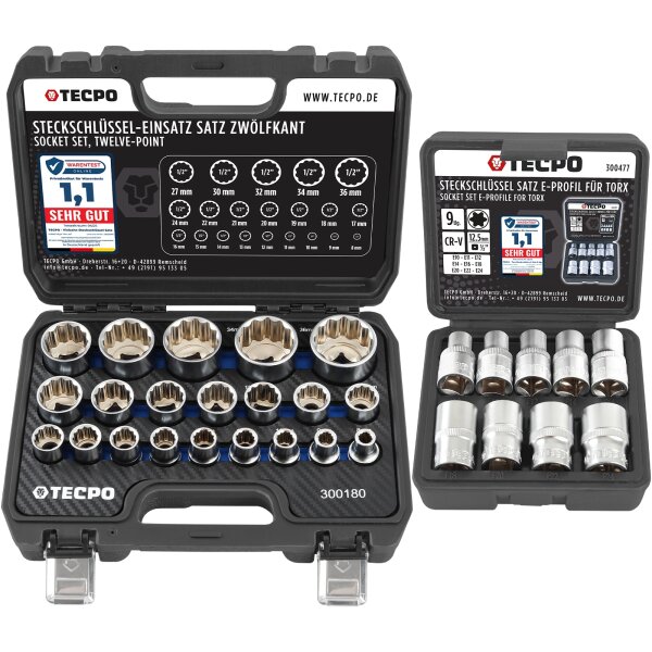 TECPO Vielzahn Steckschlüssel Satz 12-kant SW 8-36 mm + Außen Torx (E-Profil) 1/2" Antrieb