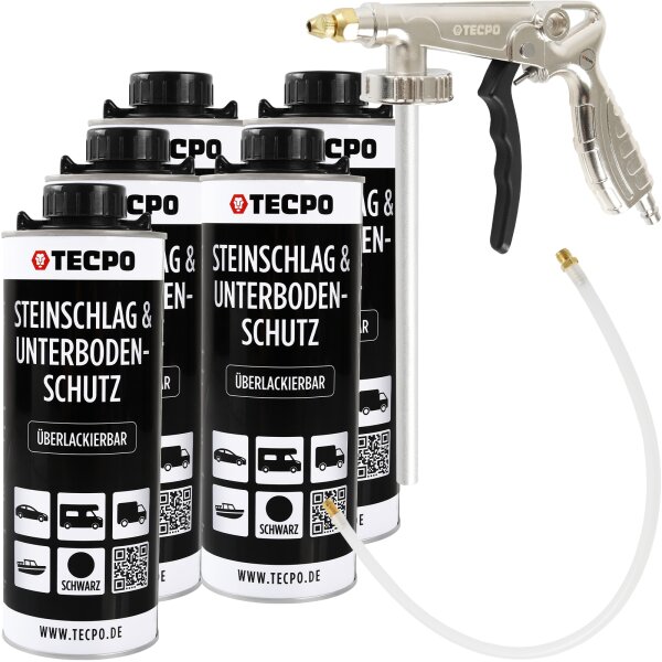5x TECPO Unterbodenschutz Überlackierbar Schwarz, 1000 ml + Druckluft Unterbodenschutz Pistole