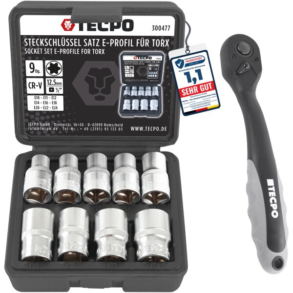 TECPO Außen Torx Steckschlüssel Satz 1/2", E10 bis E24, 9-tlg + Umschaltknarre 1/2"