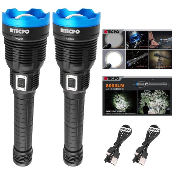 2x TECPO Taschenlampe 8000 Lumen, 6500K, 200m Leuchteweite, Akku Power-Lampe