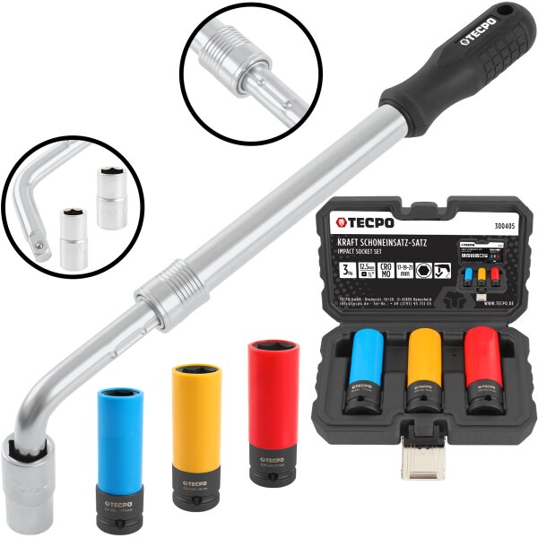 TECPO Radmutterschlüssel-Set Teleskop, SW 17-19mm 21-23mm + Kraft-Schoneinsatz-Satz SW 17mm 19mm 21mm