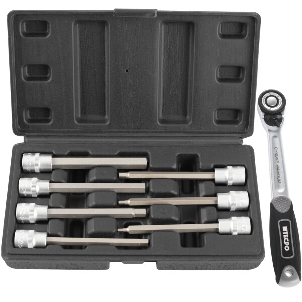 TECPO Steckschlüssel Satz 7-teilig Innensechskant 3/8 Zoll, SW 3-10 mm + Umschaltknarre 3/8"